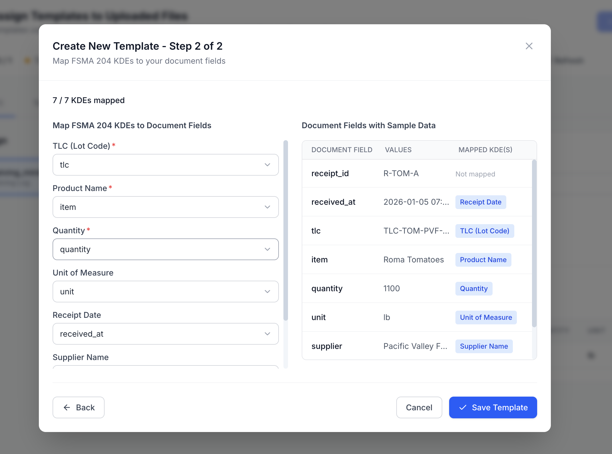 FSMA 204 template mapping interface